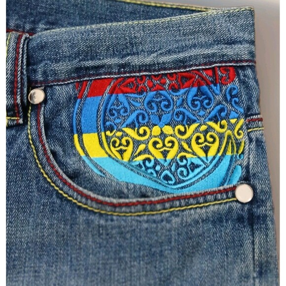 COOGI Y2K Baggy Jeans 42x33 Wide Leg Hip-Hop Denim Streetwear Patchwork Logo - Picture 6 of 16